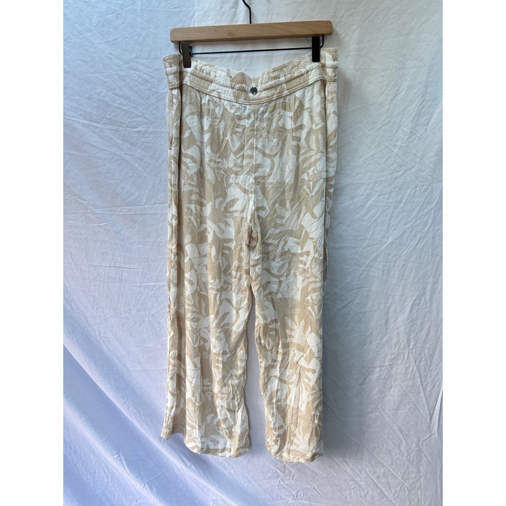prAna Wide Leg Pants Womens Tan Cream Tropical Leaf Print Drawstring XL - Picture 2 of 8